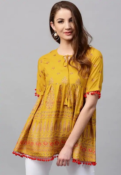 Mustard yellow short cotton kurti for women