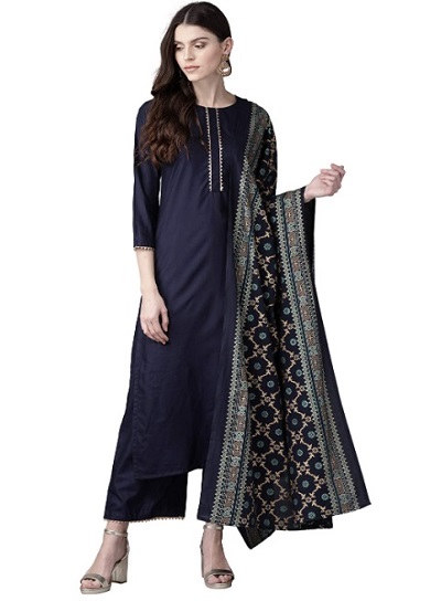 Navy Blue Kurta Palazzo With Printed Dupatta