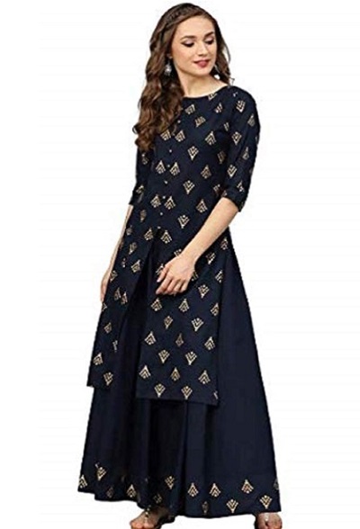 Navy Blue Kurta Palazzo Set With Centre Slit