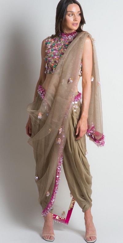 Net dhoti saree with embroidered blouse