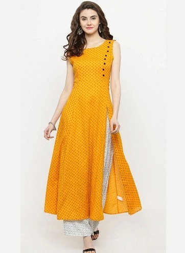 Orange sleeveless side buttons long umbrella kurti