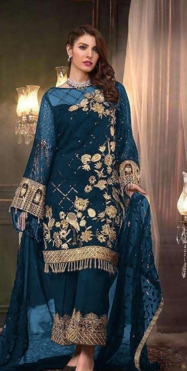 Pakistani Style Blue Embroidered Kurta For Women