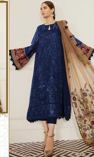 Pakistani Style Net Blue Kurta Trouser Dupatta Set