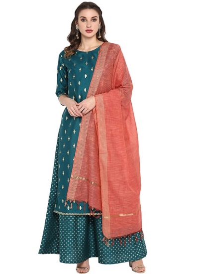 Party Wear Blue And Red Kurta Palazzo Dupatta Set