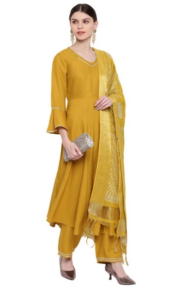 Partywear Mustard Yellow Kurta With Cotton Silk Dupatta