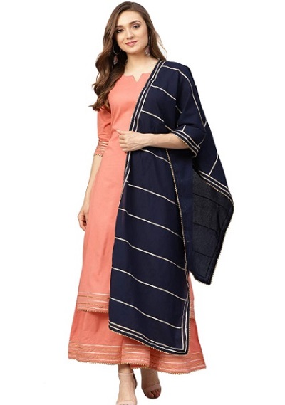 Peach And Blue Gota Patti Work Kurta Dupatta Combination Set