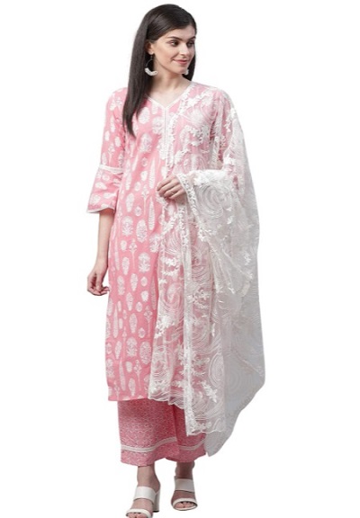 Pink Chikankari Work Kurta With Dupatta