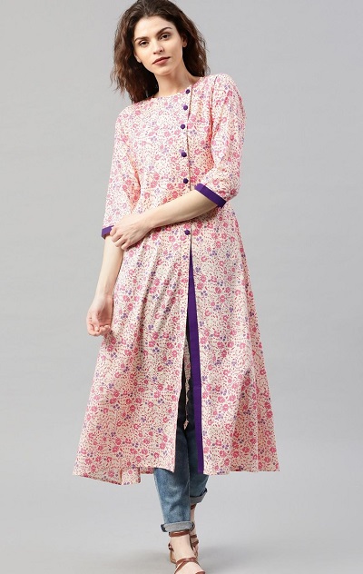 Pink Printed Side Slit Long Kurti With Jeans