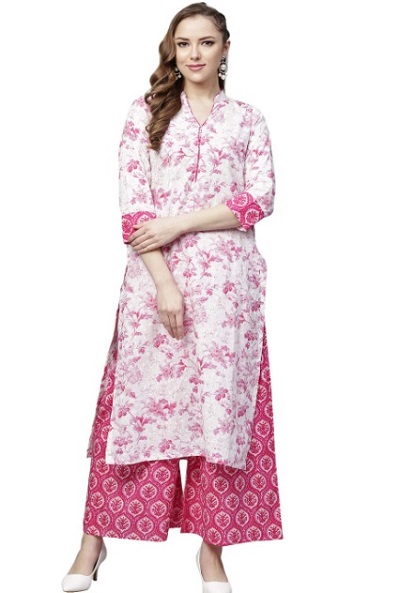 Pink and white floral printed kurta palazzo dress for women