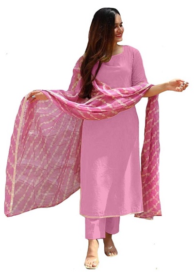 Pink kurti pant set with bandhej chiffon dupatta