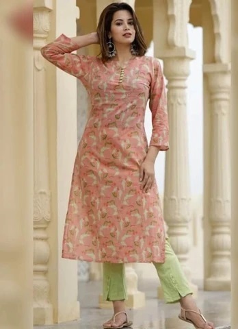 Pink printed button work kurti for girls