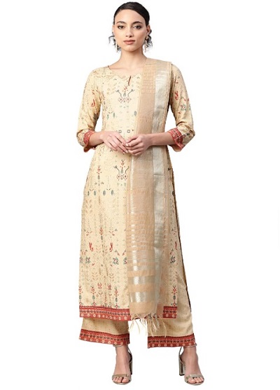 Printed Beige Kurta Dupatta And Palazzo Set