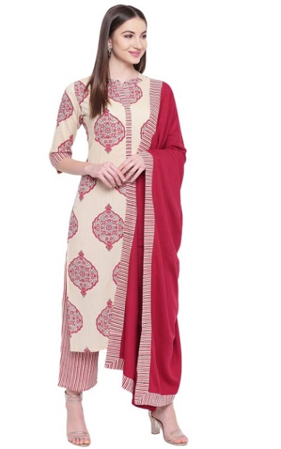 Printed Casual Wear Beige And Red Kurta Dupatta Palazzo Set