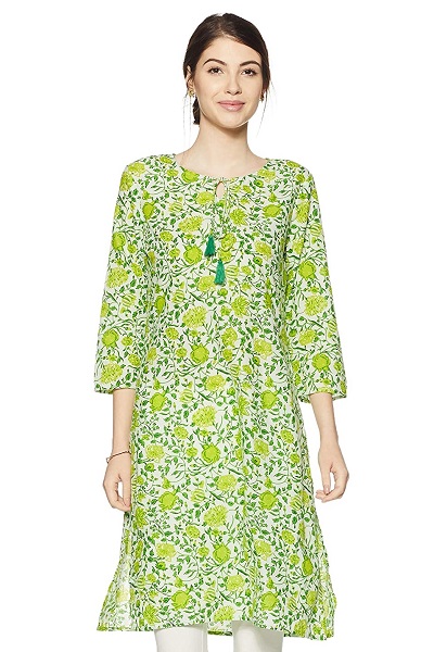 Printed green kurti with tassels