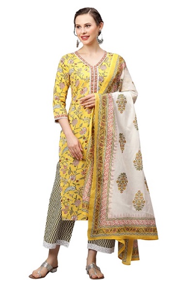 Printed yellow kurta with cotton printed dupatta