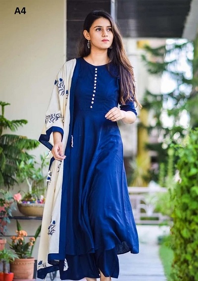 Rayon Anarkali blue kurta plazo with cotton dupatta