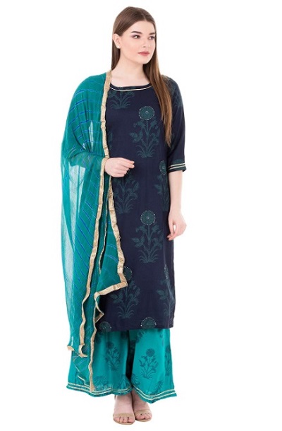 Rayon Blue Kurta With Chiffon Dupatta Set