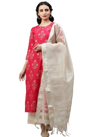 Red Rayon Printed Kurta With Cotton Silk Dupatta Set