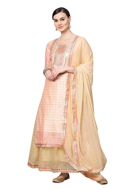 Silk Gota Patti work kurta and chiffon dupatta set for parties