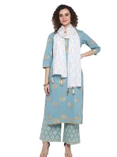 Stylish Blue And White Kurta Dupatta Set