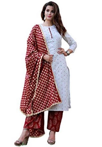 White Cotton Kurta With Red Printed Dupatta