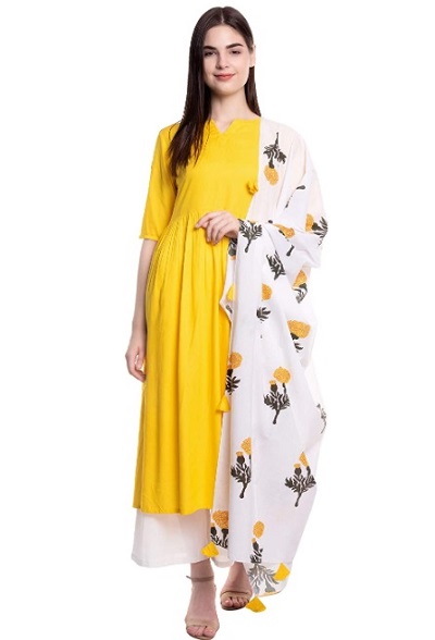 White Floral Rayon Kurta Dupatta Set