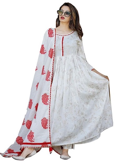 White cotton Anarkali kurta with printed cotton dupatta