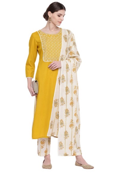 Yellow Embroidered Kurta With Cotton Printed Dupatta