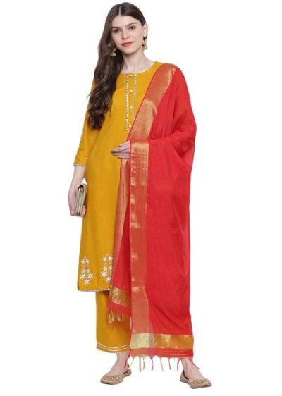 Yellow Kurta With Cotton Silk Red Dupatta