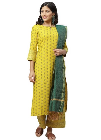 Yellow and green kurta dupatta set for parties