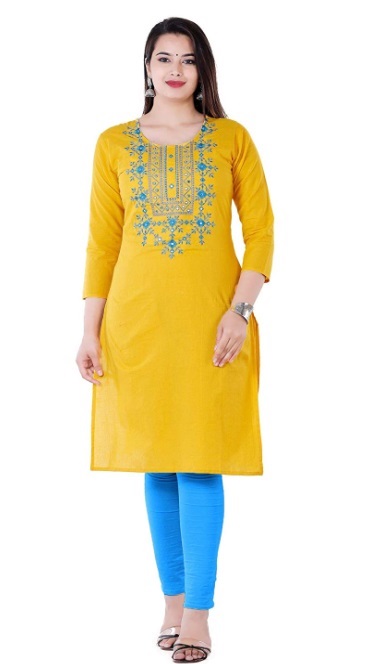 Yellow cotton embroidered daily wear kurti design