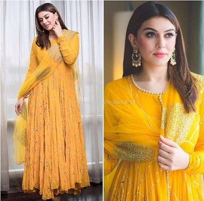 Yellow floor length Bollywood party wear Anarkali suit