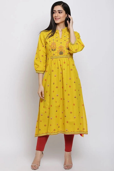 Balloon sleeved umbrella pattern yellow kurti