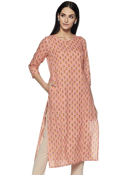 beautiful pale pink printed summer cotton kurti for women