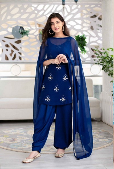 Beautiful Printed Short Blue Kurta Patiyala Salwar