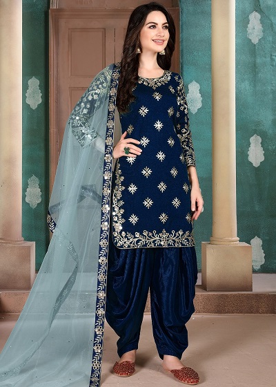Beautiful Velvet Blue Embroidered Salwar Kurti With Net Dupatta