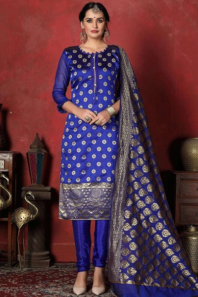 Blue Silk Satin Kurti With Silk Banarasi Dupatta