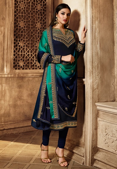 Blue And Green Georgette Salwar Suit For Women
