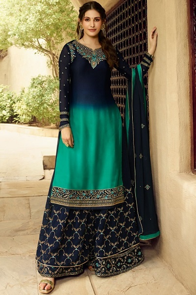Blue And Green Ombre Inspired Kurti With Plazo For Weddings