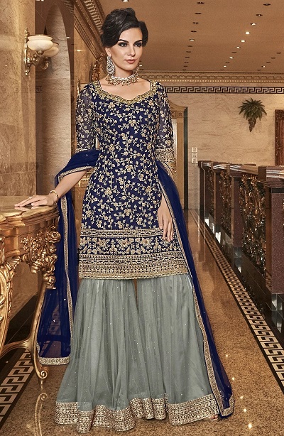Blue And Grey Embroidered Wedding Wear Salwar Suit For Women