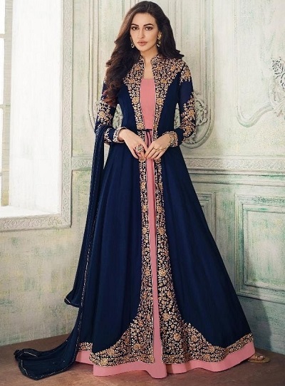 Blue And Pink Long Indian Anarkali Gown For Women