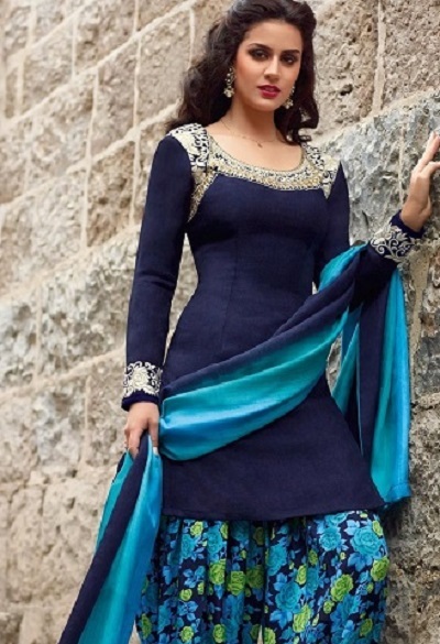 Blue Art Silk Embroidered Kurti With Printed Salwar