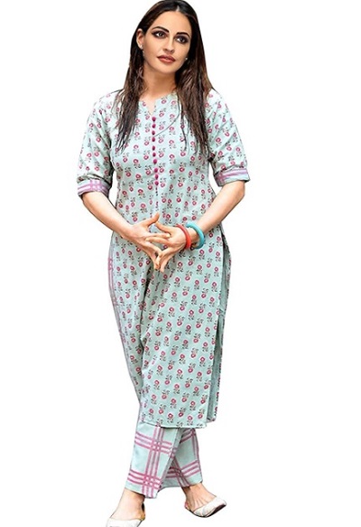 Blue Cotton Kurta Palazzo Pant Set For Office