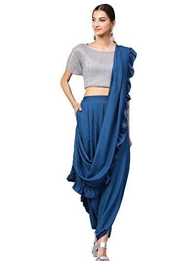 Blue Dhoti Saree Style With Steel Grey Blouse