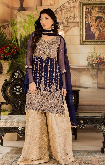 Blue Kurti With Golden Plazo For Wedding