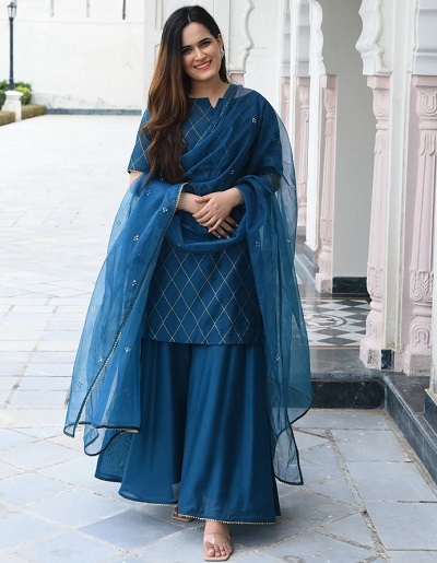 Blue Plazo Set With Net Dupatta