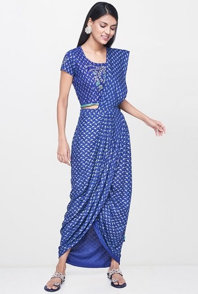 Blue Printed Dhoti Saree Style