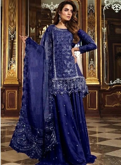 Blue Short Kurti With Net Plazo For Wedding