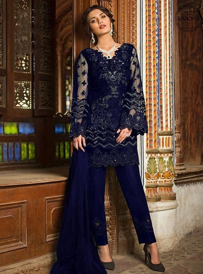 Blue Thread Work Short Kurti With Straight Fit Pants