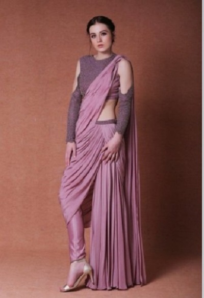 Cold Shoulder Blouse With Lavender Dhoti Style Saree